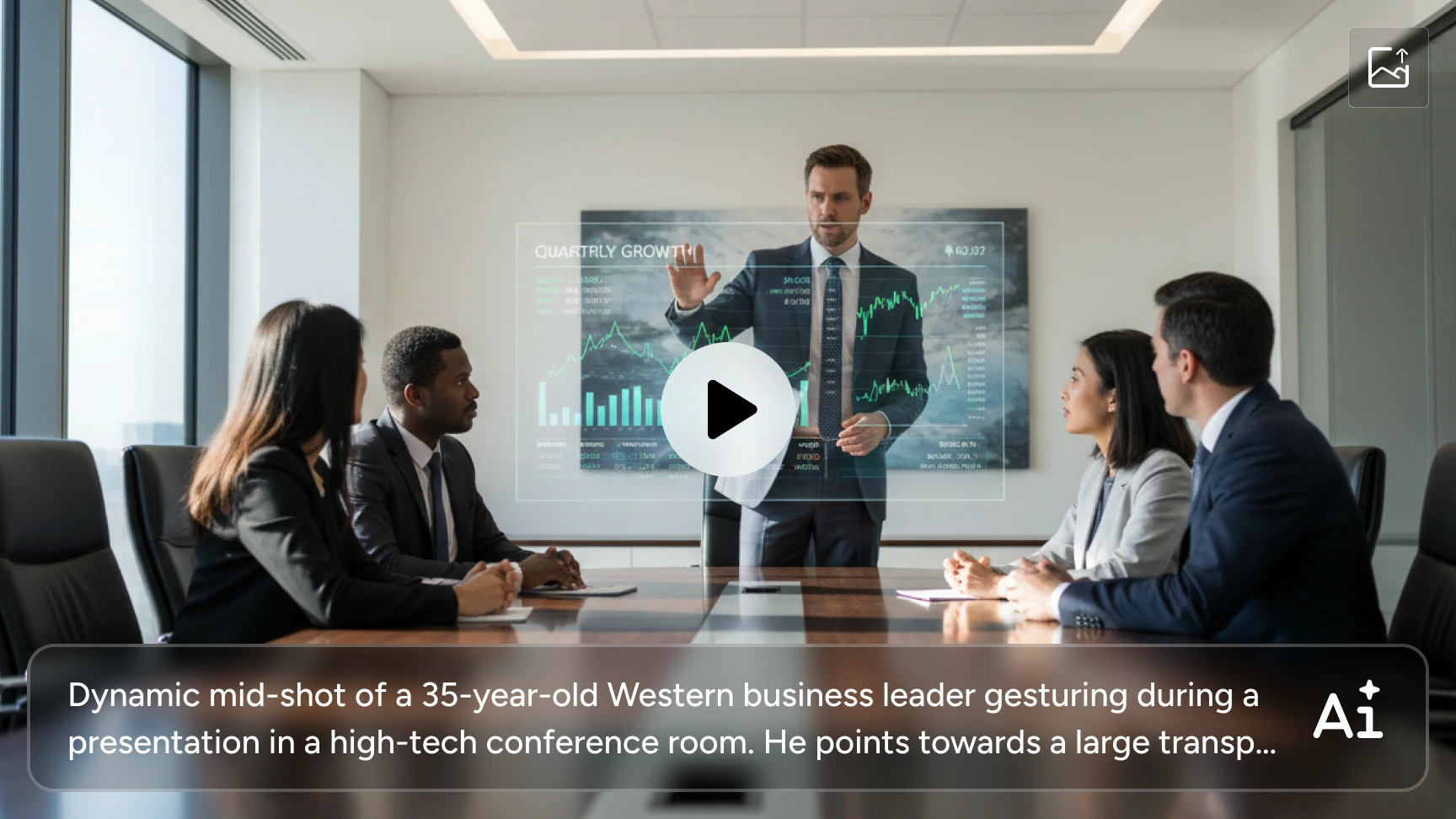 ein KI‑generiertes realistisches Video, das einen Mann zeigt, der im Meeting eine Präsentation hält